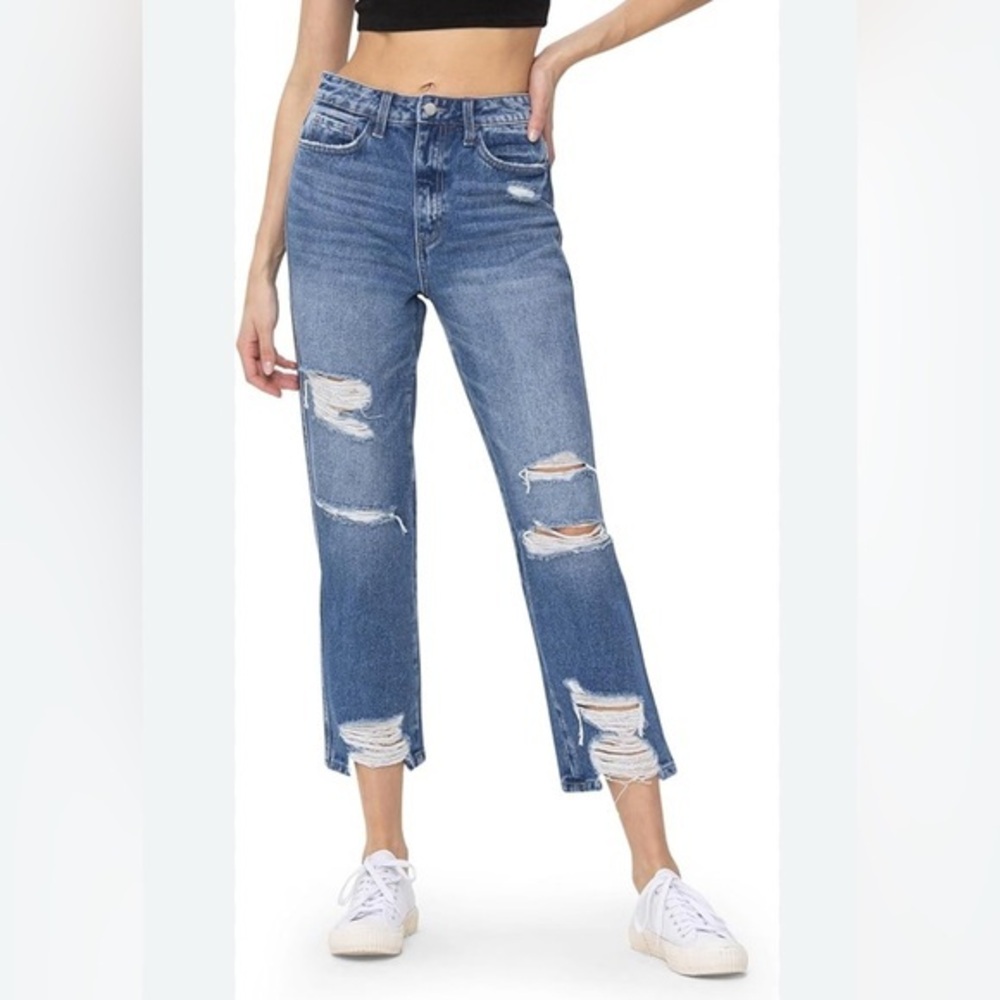 Flying Monkey Ultra High Rise Straight Blue Ripped Jeans